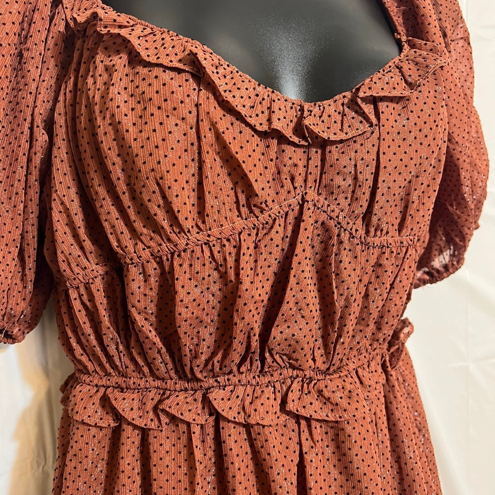 By The River Brown Polka Dot Puff Sleeve Dress Small Smocked Back - Picture 11 of 12